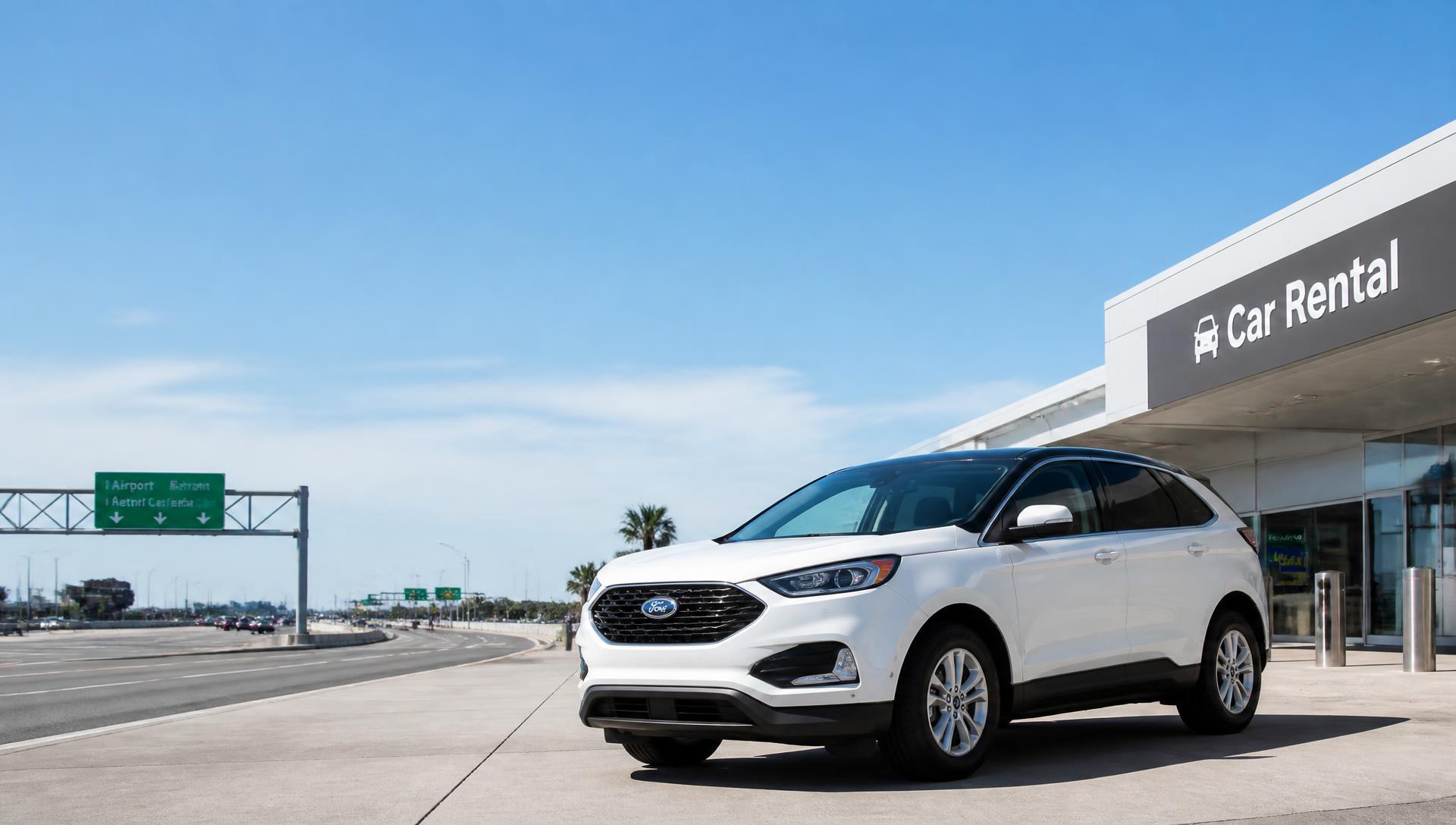 White rental SUV waiting at a sunny US airport car rental center